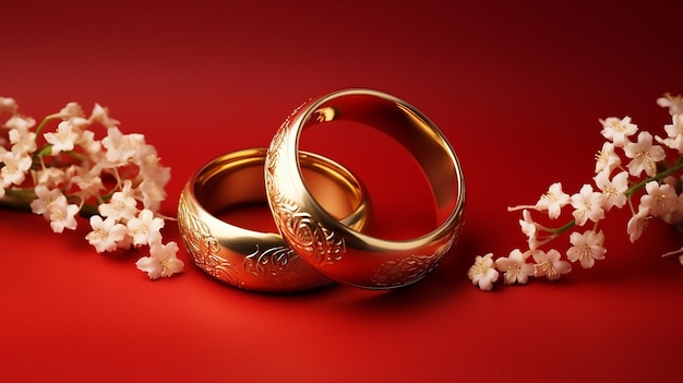 Eternal Bloom Golden Wedding Rings with Flowers on Red Background