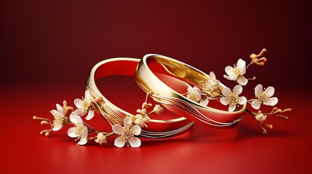 Eternal Bloom Golden Wedding Rings with Flowers on Red Background