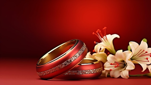 Eternal Bloom Golden Wedding Rings with Flowers on Red Background