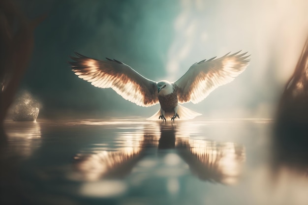 Etheral white bird landing on water reflected generative ai