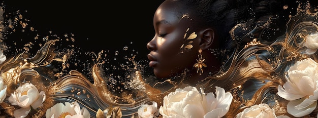 Ethereal African Beauty with Golden Floral Accents