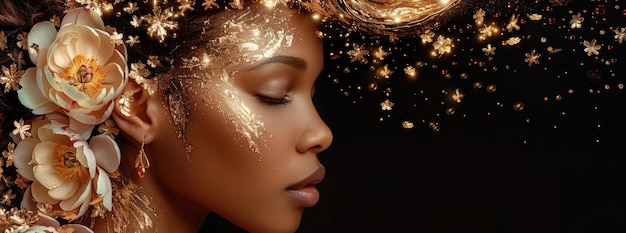 Ethereal African Beauty with Golden Floral Accents