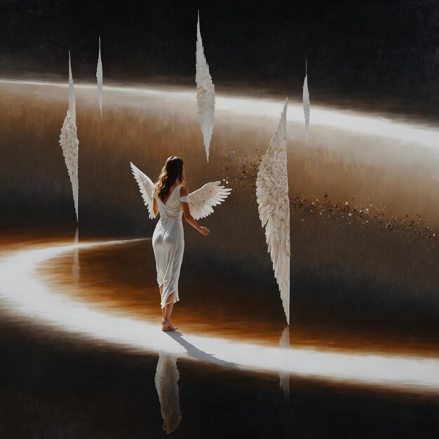 An ethereal angel her back turned stands in a vast expanse of empty white space A serene silence