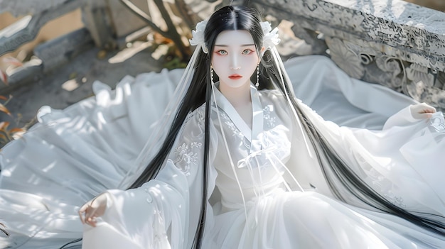 Ethereal Asian Woman in Flowing White Gown Against Ancient Architectural Setting