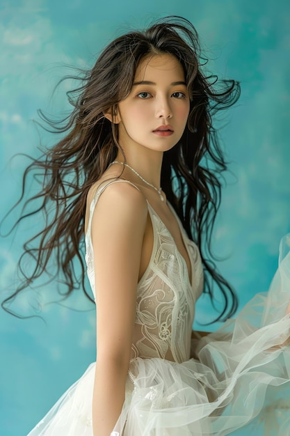 Ethereal Beauty in Flowing White Dress on Serene Blue Background with Windswept Hair