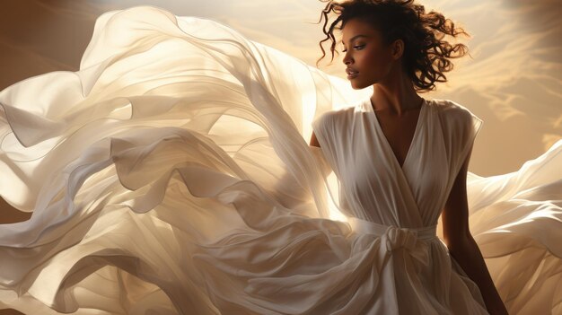 Ethereal Beauty Radiates Amidst Sunlit Flowing Silken Drapes