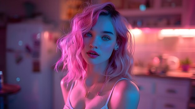 Ethereal Beauty Radiates in Cinematic Kitchen Moment of Soft Pastel Glow