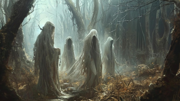 The ethereal beings with their tattered robes and hollow eyes seem to mourn the decay and