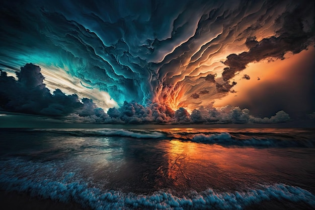 Ethereal Bioluminescent Storm Clouds over a Violent Sea