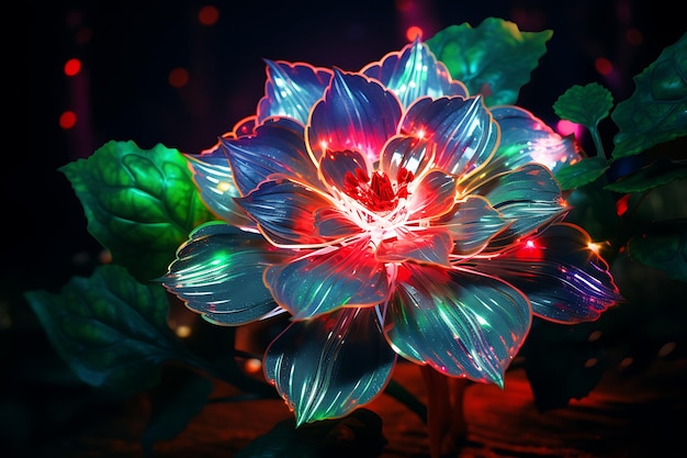 Ethereal Blooms Radiant Digital Flower Illuminated in the Style of Infinity Nets Emerald and Crimson