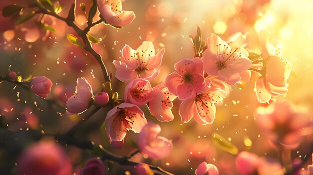 Photo ethereal blossoms in a glowing orcharda captivating floral tapestry illuminated by golden rays