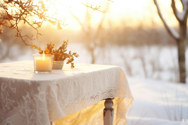 An ethereal Christmas atmosphere captured in an outdoor setting The golden light of sunset