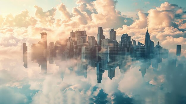 Ethereal cityscape with skyscrapers clouds and reflections creating a surreal dreamlike urban scene