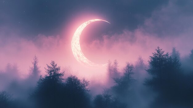 Photo ethereal crescent moon over a misty forest