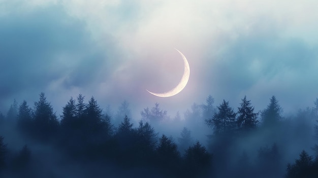 Photo ethereal crescent moon over a misty forest