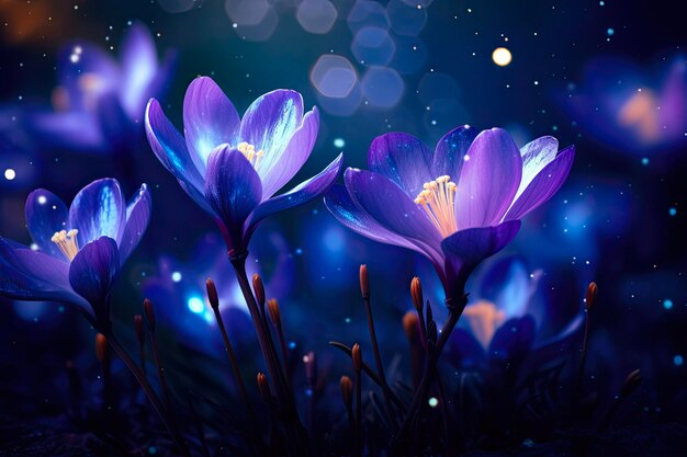 Ethereal Crocus Flowers Blooming in Dark Blue Galaxy Background A Cosmic and Mysterious Floral