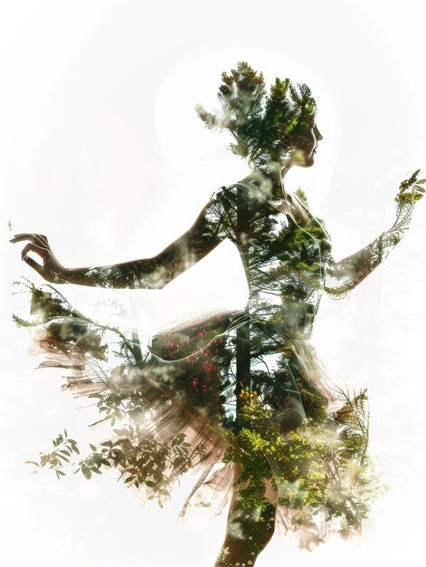 Photo ethereal dance of the pixie queen in natures captivating embracea double exposure photograph symbolizing the grace and energy of a mystical being moving fluidly through a lushforest environment