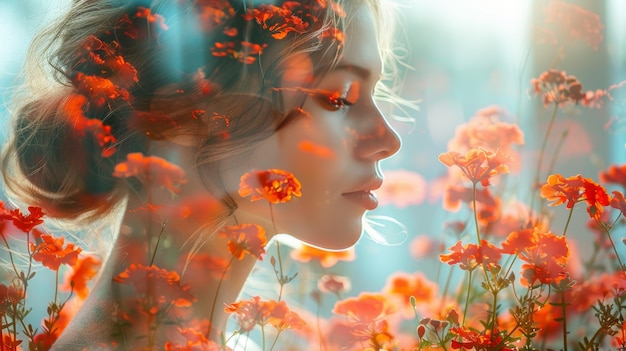 Photo ethereal double exposure of a womans profile blended with vibrant red flowers in soft sunlight