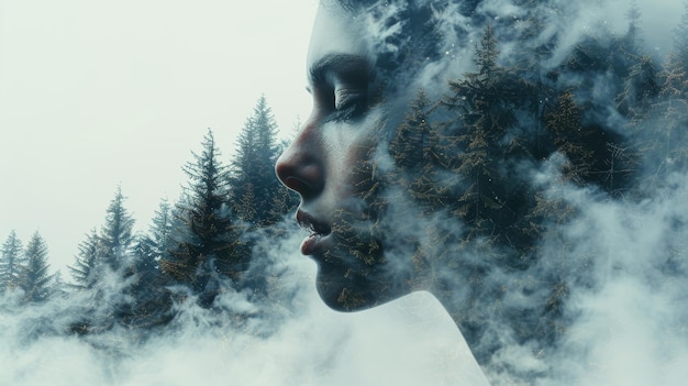 Photo ethereal double exposure of a womans silhouette merged with a misty forest landscape