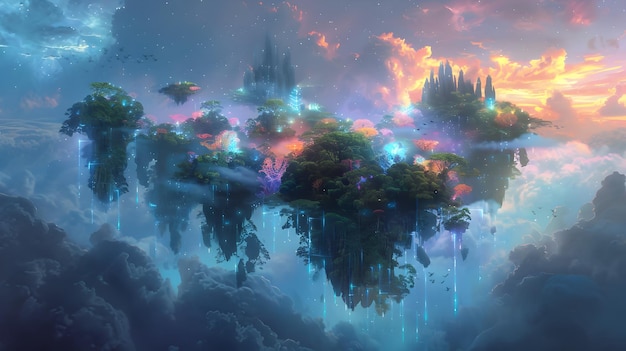 Ethereal Dreamscape with Surreal Floating Islands and Bioluminescent Flora