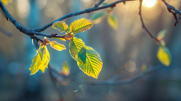 Ethereal Early Spring Green Leaf Branches Under Warm Sunset Glow