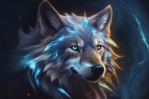 Ethereal Electric Wolf Portrait