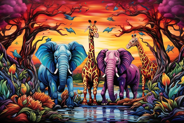 Ethereal elephants and giraffes Airbrush Painting