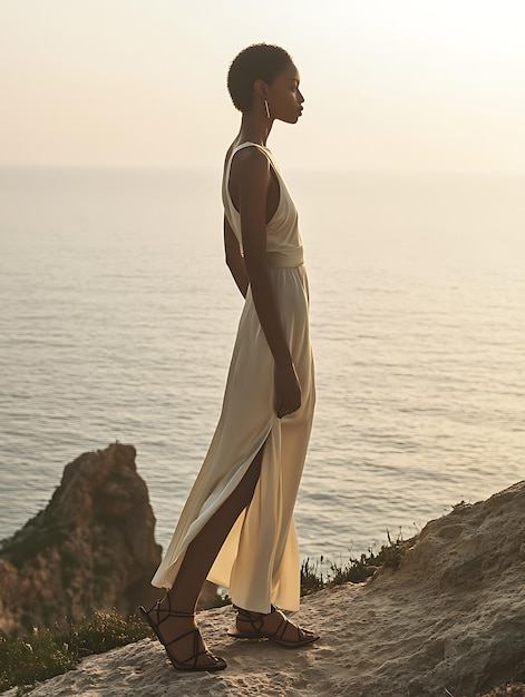 Photo ethereal eveningwear model in asymmetric midi dress