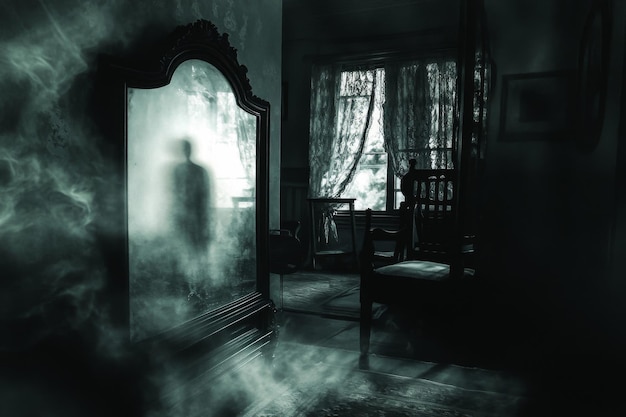 Photo ethereal figure reflected in a dusty mirror in a haunted room