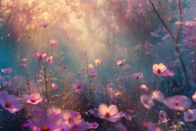 Ethereal Floral Dreamscape Glowing Plants and Flowers in Soft Pastel Hues