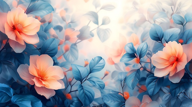 Ethereal flowers in soft orange and blue hues with a dreamy glow