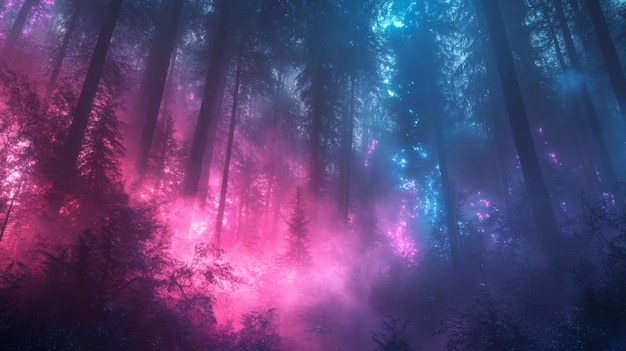 Photo ethereal forest with pink and blue glowing lights