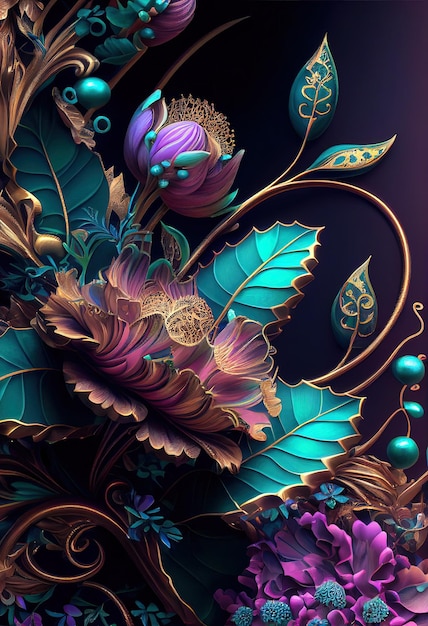 Ethereal Fusion Pattern and Abstract Flowers and Vines in Gold and Iridescent Hues