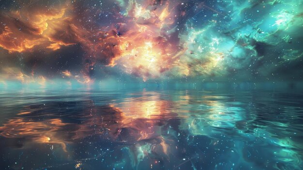 Ethereal galaxies in a cosmic dance reflected on the surface of a tranquil sea