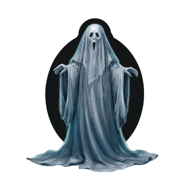 Ethereal ghost with flowing robes and a mysterious aura isolated on white background