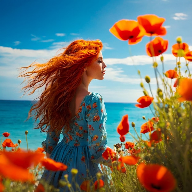 Ethereal Girl In Poppy Meadow With Ocean Background Generated By AI