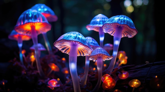 Photo ethereal glow of bioluminescent mushrooms