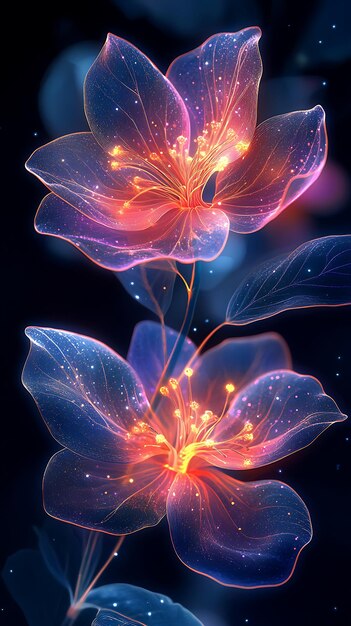 Photo ethereal glowing flowers with vibrant colors against a dark background