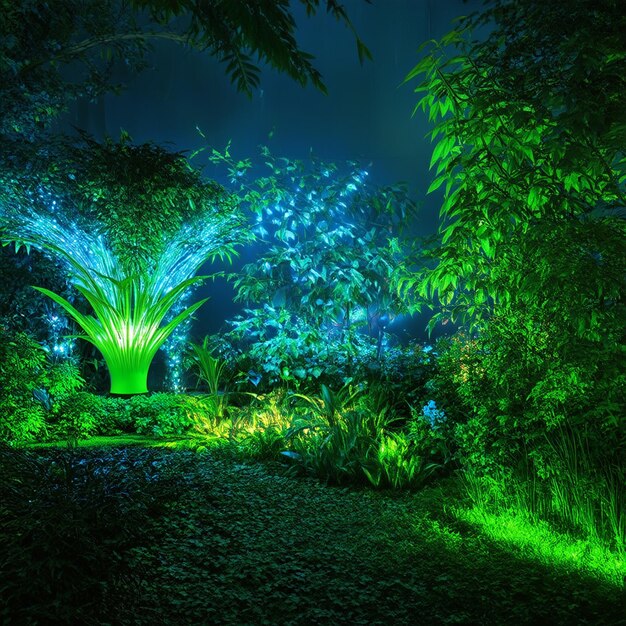 Photo ethereal gothic garden with bioluminescent plants and sculptural masterpieces