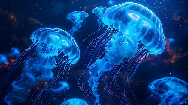 Ethereal Jellyfish Ballet in Bioluminescent Ocean Glowing with Otherworldly Radiance