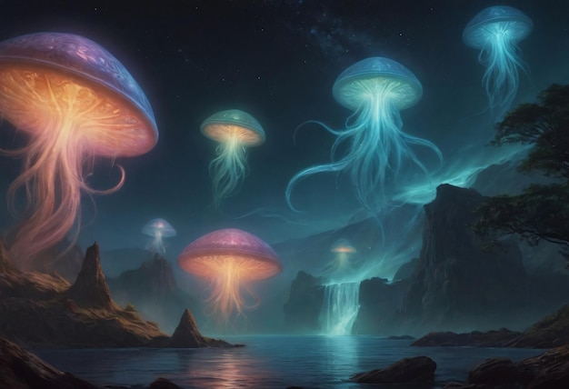 Ethereal Jellyfish Gliding Over a Serene Nocturnal Seascape With Waterfall