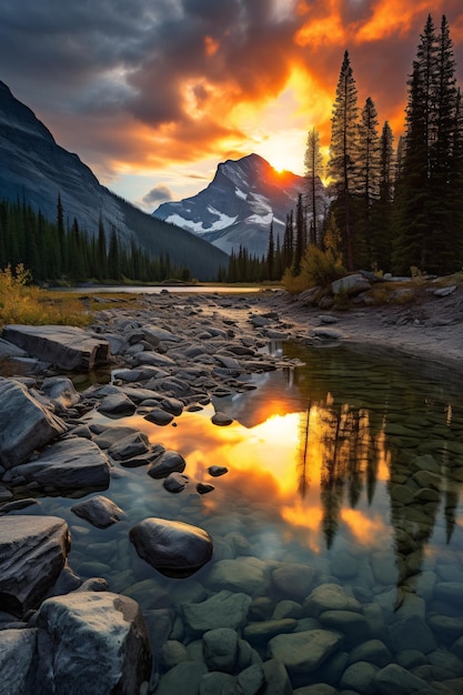 Ethereal Landscape Shot Capturing the Sun's Golden Hue Over Majestic Mountains and Serene Lakes