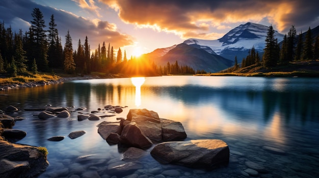 Ethereal Landscape Shot Capturing the Sun's Golden Hue Over Majestic Mountains and Serene Lakes