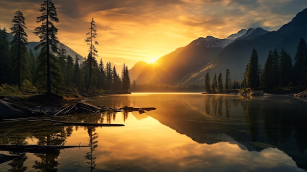 Ethereal Landscape Shot Capturing the Sun's Golden Hue Over Majestic Mountains and Serene Lakes