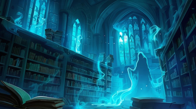 Ethereal Library with Haunting Blue Ghost Lights