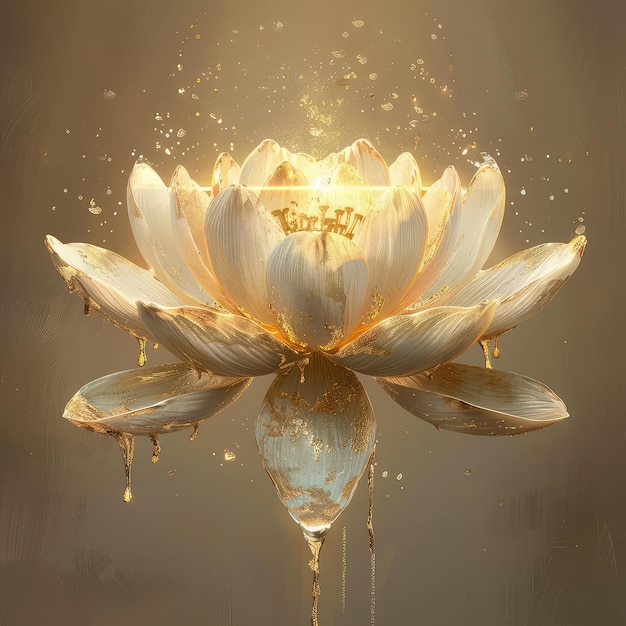 Ethereal Lotus Bloom Adorned in Glistening Gold and Pristine White Hues