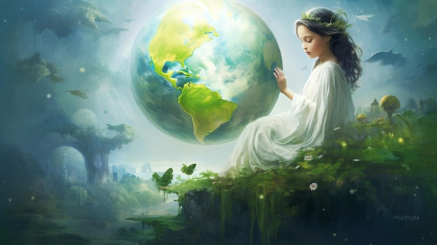 Ethereal maiden contemplating a floating earth ideal for themes of environmental awareness