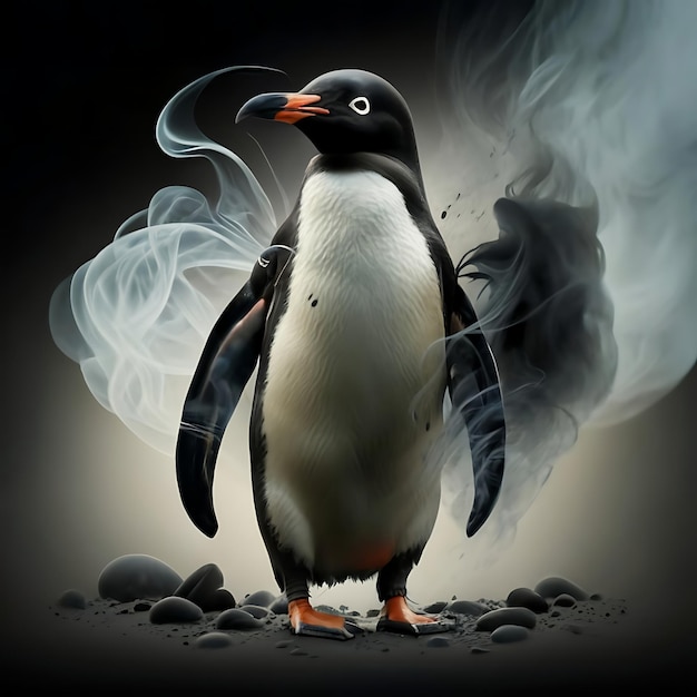 an ethereal and mesmerizing image of an Adelie Penguin Embrace the styles of illustration dark fantasy and cinematic mystery the elusive nature of smoke