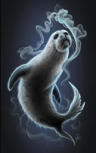 an ethereal and mesmerizing image of an Harp Seal Embrace the styles of illustration dark fantasy and cinematic mystery the elusive nature of smoke