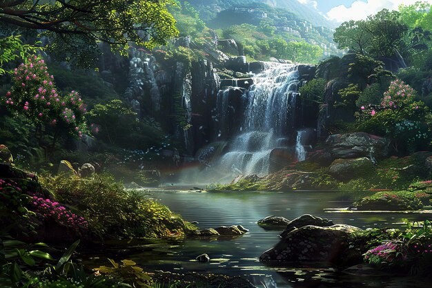 Ethereal mystical waterfall hidden in a lush forest background